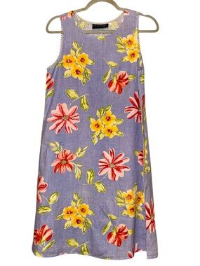 Cinnamon Girl Linen Sleeveless Violet/Purple with Tropical Print Shift Dress